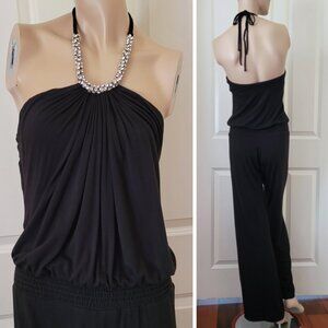 Y2K SKY Rhinestone Necklace Halter Stretch Jersey Wide Leg Jumpsuit SZ S Black
